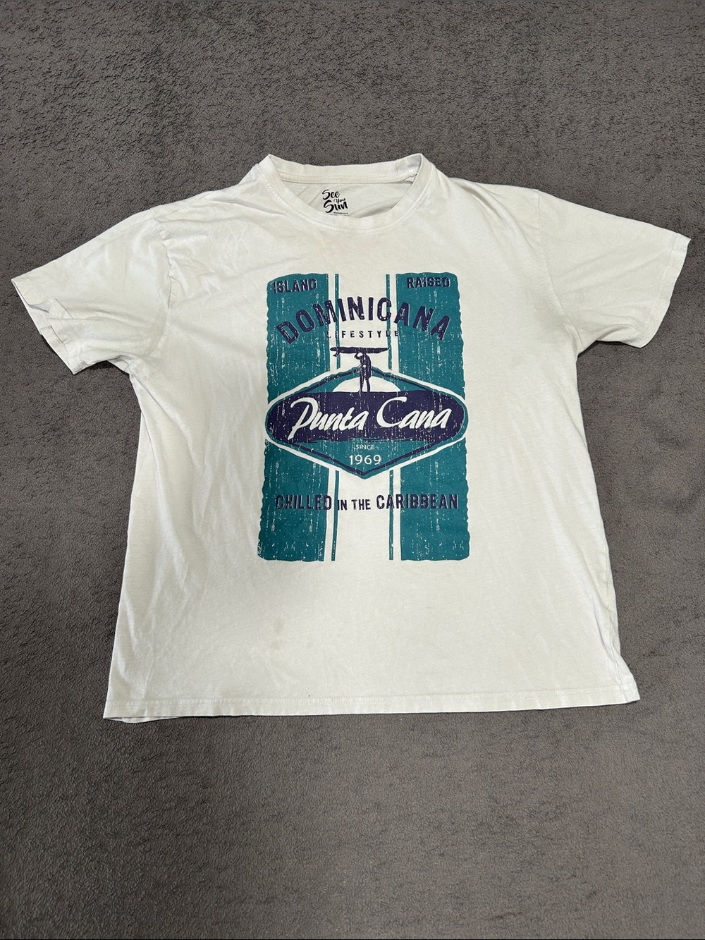 Punta Cana Graphic Tee - White with Teal & Navy Print